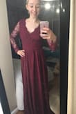 The dress is beautiful! 

The size chart suggested a Medium for measurements but after reading other comments, women similar in size ordered a Small dress. I ordered a small and it fits extremely well, just a little but snug. The medium would be way too big so I'm happy with my choice and cannot wait to wear it to several weddings I have coming up! - Hannah R.