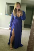 I'm glad I read the reviews before ordering my dress size. I'm generally a size small/medium in dresses depending on the fabric. I'm a size 6 at NY&Co and I'm athletic built. I decided to order a size small (based on the suggestions) and it fits perfectly! I'm 5'1.5" and I had to get this altered, even with 4 inch heels on me. I had to get 5 inches off the dress. (Picture: straight hair is the non-altered dress. Curly hair is after I got it altered). It's very revealing in the chest area. But it's not an issue for me, because the dress is plain and I plan to wear a big statement necklace or something. It's a beautiful color and I can't wait to wear it in a couple of weeks! - Joua M.