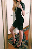 I bought this dress for a wedding and it fits perfectly. Not too tight, but form fitting. And the color is gorgeous! Could definitely be worn any season. I wore a nude bra with it and you couldn't even see the straps through the lace.  (Never met a strapless bra that fit, so buying dresses is usually dependent on if I can wear a normal bra). I'm also tall and it hit at a perfect length and didn't look awkward the way some dresses do. - Sarah A.