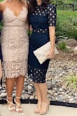 I wore this dress recently to my friend's wedding and got tons of compliments! It was the perfect length and the color is beautiful! It was a little looser up top for me because my hips are much wider than my upper body, so there's definitely room for someone with a bigger chest. - JENNA M.