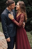 Loved this burgundy dress for our fall engagement photos. It was very classy, but sexy with the open back. The only thing I would complain about is the clasp on the lower back. It digs into your back and if you have to sit in the car or a chair for awhile, it is bothersome. Also, I am tall and thought the dress would be short, but it was perfect length! - Julianna P.