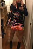 I took a chance on this as I wanted something different for my birthday. The sequins change color as you run your hands over them and flip them from one side to another. It's so much fun! I'm a little worried it might be too hot inside crowded bars or clubs, because the sleeves are long, but I like it enough to take that chance. This dress is quite thick, high quality, so it hides any bumps (I refuse to wear shape wear so this is a must!) It's a bodycon, but not too tight, and there's little to no stretch. It's the perfect length on me, but might be pretty darn short on anyone taller. - Elizabeth P.