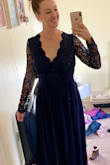 I'm my best friends Maid of Honor and needed a navy blue dress, and this one is perfect! The sleeves are beautiful. The lace is thick and solid. And the fabric is thick enough to wear to an outdoor October wedding! Plus I'm tall and this dress is long enough even with my heels! Major bonus for me! - Audrey Z.