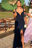 This dress fits beautifully and subtlety sexy with the leg slit. It's a great neutral color in the navy blue I've worn it multiple times for weddings and red carpet events. It nails it every time. Great length nice chiffon material. Like a Grecian goddess. - Karen M.