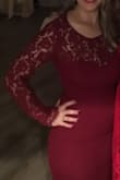 I ordered this dress for a fall wedding- the color and sleeves were perfect for the occasion. Being four months postpartum I am in between sizes so I ordered the medium and the large. While the medium was a snug fit, it was very flattering hugging my hourglass figure. The large was a little more relaxed fitting but would have been way too long, even with tall heels. So I went with the medium and did not regret it- I got so many compliments! The body-hugging mermaid bottom with open back lends just the right amount of sexiness while the lace long sleeves add a soft feminine touch. It fit well enough up top and the material was plenty thick that I didn't need to wear a bra. Be warned though- it is very tight around the middle region making it difficult to find underwear smooth enough where the seams won't show through. I was very happy with this dress and look forward to wearing it again!! - Kate S.