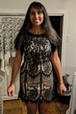 This dress runs a little small. I chatted with an online representative before I ordered the dress, and she suggested I get a size Small. It fit well at my waist, but it was tight around my hips. The dress looks like it flares out on the model, but it's actually quite tight around the hips and stomach area. I had to return it because I didn't like how tight it was. - Poornika K.