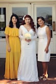 Absolutely love this dress. I used this dress for my civil ceremony. Fits true to size. The material is thick enough that you wouldn't have to wear a bra if you didn't feel like it. The length is a little long for a 5'2 person but if you plan to wear 4 in heels it's perfect length. - Vanessa N.