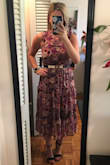 Love this dress! The colors are beautiful in person and it flows nicely towards the bottom. I did take off one star just because I wish it was a zipper instead of pull over style. It was a little tight on my chest. The elastic band was a tad tight under my chest/on my waist but I still wouldn't change my size small that I got. I typically am a size 4, occasionally 6. I also liked it with a skinny belt that I added! - Courtney H.