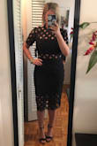 I LOVE this dress. It is extremely flattering and fit like a glove! I don't have the flattest stomach in the world, but the way the dress fit it hid my stomach perfectly. I typically wear a 4, occasionally a 6 and the small is what I went with. There's a possibility the medium would have fit but I'm going to work on shedding an inch or two before the December wedding I plan on wearing it to. I sent 4 people three dress options and all four picked this one without a doubt! I got the black but I bet the other colors are just as stunning! - Courtney H.