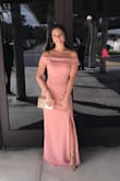 Wore this for a friend's wedding.Material - is soft and stretchy, wore with an adhesive bra. Length - I recommend a high platform heel, it was just touching the floor but I kicked and walked and did not trip. Overall - dress was elegant and heavy (which I prefer). My arms were not uncomfortable with the off the shoulder. I also didn't really need to adjust it throughout the day, even after I finished dancing. Easily has become one of my favorite dresses. ever. - Jaymi V.