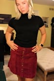 Ordered medium and large - I'm a solid 30" waist and athletic build. I 100% preferred the medium. Still comfortable to tuck in my sweater.  Color of skirt is darker than advertised. Material is soft which is good since skirt is not lined. Only reason rating is not a solid 5 star is because I expected skirt to be thicker.  As seen in my picture, you can see fold wrinkles. I expected the skirt to be thick enough to not wrinkle easy.  Despite that, I am keeping the medium and sending back the large.  Oh and the front pockets are a plus :) the average cell phone can fit, no problem. - Paige F.