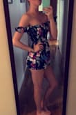 The colors on this romper are so pretty. It fits great and the off the shoulder touch is perfect. Only comment is it is a little short but works great as a cover up! - Sandy N.
