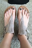 Obsessed with these sandals. The detail on them is simple but cool. Goes with literally anything and are super comfy. The double strap is a nice detail too. Mine are a little but loved in the pic just because I wear them so much! - Sandy N.