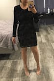 This dress fits/feels great! I could've gone down to a S for a more form fitting dress, but the M works too. The corset details/velvet pattern give this dress elegance! - Maria S.