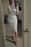 Love this dress! So happy that I got it. It's thick enough so that it's not see-through with nude underwear. It's kind of low-cut but looks amazing. The length is a tad long--hits below my knee so I may hem it just a tad. The material is just the right amount of stretchy. - Heather C.
