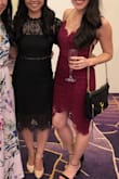 This dress fits amazingly! It's the perfect combination of sexy, sweet, and classy. I ordered two colors: Black and White. When ordering the dress I wasn't sure if my fiance would like it because he's not a fan of lace, however when I tried it on to show him, he complimented the dress and the way it fit me. SCORE! This dress is appropriate for any occasion. Just be prepared to get glances of appreciation and compliments all night!
Also, my friend to the right is wearing another dress from Lulu's! Haha - Judy N.