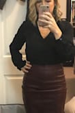 I love this skirt! It rides a little when you walk because it doesn't have a very sturdy waist band or anything. Comfortable to wear too- you can move around and sit and it's not super tight and not uncomfortable. - Amanda B.