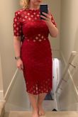 Was too excited to get this dress in the mail. The photos looked great and the fit flattering. Too bad it didn't deliver. The top panel showed my bust and bra, and I could barely lift my arms. I don't consider myself overweight, I'm strong and athletic. My upper arm is 12.5 inches but the sleeves just fit over my arms with not much wiggle room and no stretch in the fabric. - Kelly W.