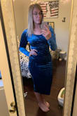 This dress! It's so, so beautiful. The blue is gorgeous in person, and it's so soft. I'm always hesitant to get bodycon dresses, especially online, but it's got a great amount of stretch so it fits like a glove but is still comfortable to wear. It's not so tight that you feel like you can't move. I can't wait to show it off this holiday season! - Lindsay L.