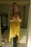 Wore this for a NYE party I hosted at home. I loved that it looked a little robe-y and I paired it with sheer blacks tights and opaque black thigh high socks. Super cute. Only issue is that it's not so forgiving with lumps, though that may have been the fault of my choice in spanx, and if you have a belly, the high-low situation looks a little less flowy and a little more umbrella-y (I find this with most high-low dresses with my body type anyway). But very comfy and glam! Would wear again with more spanx coverage. - Alexandria M.