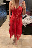This dress is absolutely stunning. I showed my husband and he wants to take me out just to wear this dress. Was going to wear to a wedding but it's going to be too cold. The dress fits perfect and hits perfect. The straps are adjustable which helps. Can't wait to wear this dress! - Emily G.
