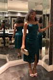 I wore this dress to my partner's office holiday party. I received tons of compliments. I bought this dress in both forest green and red.
I have very huge breasts (32E) and size M hugged and complimented all of my curves. It was just right!
I love that the straps are adjustable.
I'd recommend this dress and buy more if there were more colors. Lol - Sophia R.