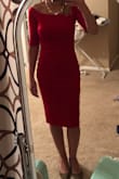 This dress is gorgeous!!! I absolutely love it. The red color is bright, but not obnoxious. It is a nice, thick material and also has a full lining, so it helps hide any imperfections. I didn't even need to wear Spanx with it! I usually wear a small, but got this in medium based on the other reviews. The medium fit like a GLOVE. I probably could have squeezed myself into a small, but the medium looked and felt perfect to me! Great choice for a holiday party! - Michal T.