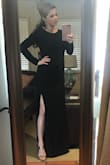 Love this dress! I am currently 5 months pregnant and was wanting something form fitting that didn't have a zipper and also be able to wear again in the future! I'm usually a size small but I went with a Medium because I don't like things super tight. Being 5'1 I did have to take a couple inches off the bottom. The slit in the picture isn't as dramatic in person, which I'm totally happy with! - Hannah S.