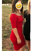 My 14 year old daughter wore this to a wedding and looked stunning. Almost a little too fitted for my young teenager. :/ It has a nice stretch and the length hit right at the knee. The color is great and we would purchase again. - April F.
