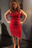 This dress is beautiful. I wore it to my husbands Holiday work party. I am not a big person but the dress, is really form fitting and showed just about every curve and flaw that I don't like on my body. I tried on a few Spanx with it, but they didn't seem to help much. I found that the Spanx tights worked so much better at smoothing everything out. I ordered a size Medium. The size was pretty good. The top was a little big but I was able to wear a strapless bra without it showing and didn't need alterations. If I would have ordered a Large it would have been way too big on the top. The length was just right. The dress doesn't have much stretch to it. The open lace around the waist is cute. It didn't show a whole lot. The open lace around the waist does not give, if I would have been any larger around my waist, I probably wouldn't have been able to breath. The zipper was a little deceiving. It looks like it only goes down a little bit but it actually is hidden and goes pretty far down near your butt. It seemed to snag on the material when trying to zip it up and down. All in all it is a great dress. I Felt beautiful in it. - Jessica S.