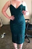 This dress is well-made, with thick material and beautiful lace. I ordered a Medium (I'm usually a size 6) and while it fit on top, it was very constricting through my waist and hips. The material does not have stretch or give. I wore it to a wedding, and got lots of compliments, but I was super uncomfortable sitting down. I wore with Spanx and they didn't really help. The material was just too tight to be comfortable.

Definitely wear with petals or a stick-on bra, it's very low-cut! - Catherine M.