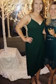 I originally ordered a large because I wanted it to fit my hips, but it was way too big on my top half (very normal for me and what I struggle with when shopping for dresses). I exchanged for a medium because I loved the cut and color. I had to wear a push up, sticky bra to fill out the chest, but it worked and looked great! I wore it to my works Christmas party! The slit does go all the way up, so I would consider spandex of some sort underneath. - Kayla B.
