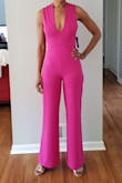 This jumpsuit is great. Love the color. Just as pictured. No zippers. Just pull it on. It has an elastic waist. It was a little loose in the chest area. I may have been able to order an XS, but I feel that the hips would be tighter than I would have wanted, so I will keep the small. Feels good against the skin. I would say that if you are short-waisted then this would not be a good look, and if you are 5'5" or below you should have the hem adjusted. The inseam is 34 inches. I usually wear a 31-32" inseam, but was wearing 3" heels in the pics. Hope this helps.... - Kimberli D.