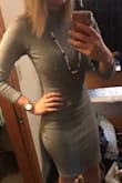 I love this dress!!! I usually wear a size medium but they were sold out, so I purchased a large. This dress is warm and SUPER comfy! It's very stretchy so it fit perfectly in all the right places. Very impressed! - Amanda D.