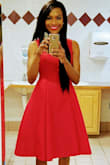 This dress fits in all the right places and I love the color. - Simone B.