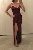 This dress is made from super stretchy velvet material, so I'm really glad I went with a size slightly smaller than predicted based on the size chart. Straps are adjustable. The color is very deep and beautiful and this dress got tons of compliments! - Margaret K.