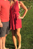 Super fun dress. More flattering in the back than the front. A little short. You obviously can't wear a bra but it's a great summer dress! Color is great - Carrington F.
