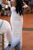 I ordered this dress as my 2nd wedding dress to be more comfortable during my reception. It fit very nicely. Alterations: I had to hem the bottom and the zipper in the back would bunch up so my seamstress had to do something there too. I added off-the-shoulder sleeves to achieve the look I wanted. Overall, a very comfortable dress with beautiful sequins/beading detailed designed. - Pam J.