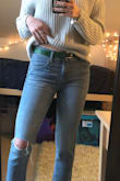 I usually stick with belts that are darker in color, but when I saw this photo I knew I wanted to give it a shot! It's so vibrant and adds a little something to your outfit. Note: I wear a size 26/2 in jeans and I was on the 4th to last belt hole (!) - Erin W.
