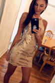 Absolutely stunning gold sequin dress! Was on the fence about purchasing it only because how many opportunities does one really get to wear a sequin dress? But I bought it and am SO happy I did. Fit like a glove and was so flattering and eye catching. Wore for NYE and was a hit all night. Can't wait for a chance to wear it again! - Amanda H.