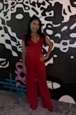 The only thing that this jumpsuit need to be perfect is a zipper in the back instead of elastic. - Yajaira C.