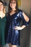 I was a little concerned about the reviews saying to order a size down, because I didn't. But I was pleasantly surprised when it came in! It was slightly loose, but nothing too bad, especially since I wasn't looking for a skin tight dress to begin with. The only problem I had with the dress is that the sequins on the arms will easily stick with the sequins on the body of the dress. This was mostly a problem for me because I was at a wedding reception and was dancing a lot. Overall, I love this dress, so cute for a party! - Ashley G.