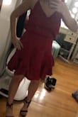 I think this dress fits true to size I am usually a small in Lulus, however someone mentioned the top being too tight on bigger chests so I ordered the medium. It's such a beautiful dress that I also ordered the navy. The medium is a little loose in my waist so I did size down for the navy, but I know the medium will still work. - Danielle H.