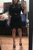 This dress fits perfectly everywhere and looks amazing. The length is perfect on me. I'm 5'4", so taller women might find this too short. My biggest problem is I can't lift my arms in it. The highest I can raise them is to my chest because the lace has no give to it. Sizing up is not going to help this situation. Just going to have to return it and look for something else. - Stephanie S.