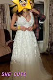 I chose this dress as my wedding dress and it's absolutely perfect! I am a bit short and I have a full busy so it becomes difficult to find a dress that fits both my bust, height, and waist. While looking for a dress I expected to have to get it hemmed or take in the straps so there was no surprise there! Everywhere else fit perfectly! The details on it was elaborate yet simple as it cascaded down from top to bottom. Absolutely beautiful! - Madalyne G.