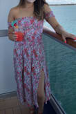 I've worn this dress on a couple occasions. I love it!! So cute for summer or for vacation. Fits well and is super comfortable. The slits come up to the perfect spot on the thigh and dress ends around mid-calf. Also would be fine with/without bra staples bra. - Alyssa D.