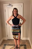 I started with a large and switched to a medium that fit perfectly! So size down. This skirt was so perfect for a Vegas girls trip. Got so many compliments. Easy to dance, sit, and walk in. This slot is sexy but not sleazy! I felt so great in this. - Annie W.
