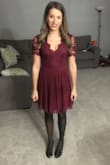 Bought this dress for a wedding. Fits tire to size. Material is not stretchy at all so if you are between sizes order bigger. - Shana E.
