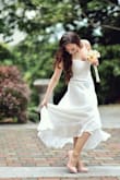 The model in the pictures looks very skinny. So I decided to order for a larger size. But M size is is too wide for me. Size "S" would be more fit. I had to narrow a dress in waist. The material is very pleasant and qualitative. - Natalia K.