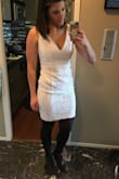 I ordered this dress for my courthouse wedding. Luckily I left enough time to reorder a size down. I'm between a size 4 and 6 and always wear a medium, but this medium was HUGE! It had room in every measurement, even my hips which are big. My bust, waist, and hip measurements are 35,29,38 and I'm 150lbs but very athletic. The size small fit really well, only a little tight in the hips which is expected for my figure. I hope this helps everyone with size because it wasn't accurate at all. I even asked the exact dimensions of the actual dress.
Other aspects of the dress: I don't like a very low cut dress but this one is perfect! Deeper than I normally go for, but you can wear a normal bra and it doesn't show in the front or back. It's also 3 layers, so it isn't see through at all but know that it will be hotter/thicker than expected. I didn't have issues with it riding up. - Alyssa B.